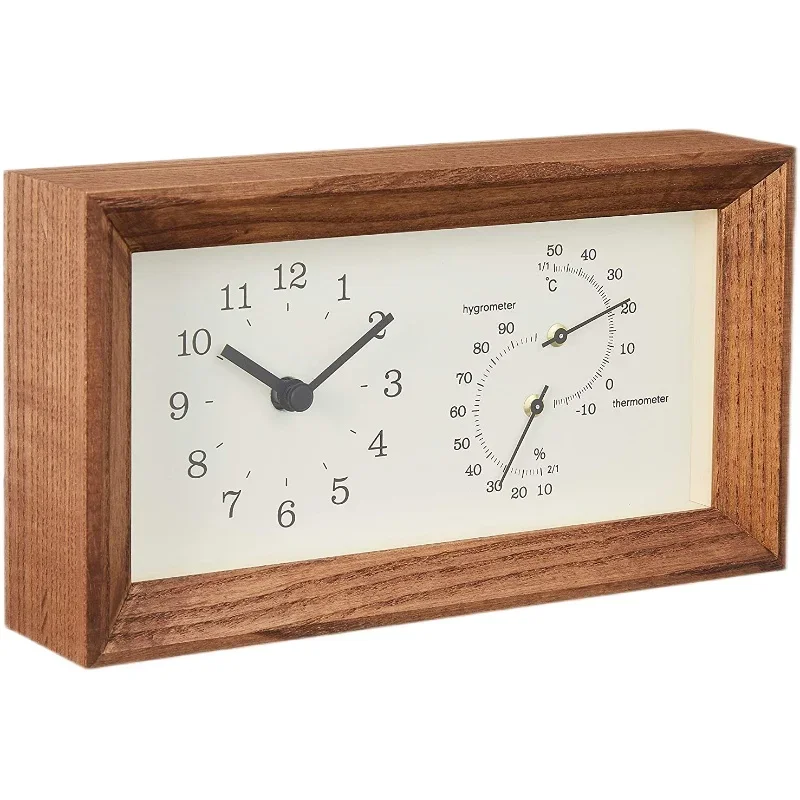 Nordic style simple clock, table clock with temperature, hygrometer, walnut