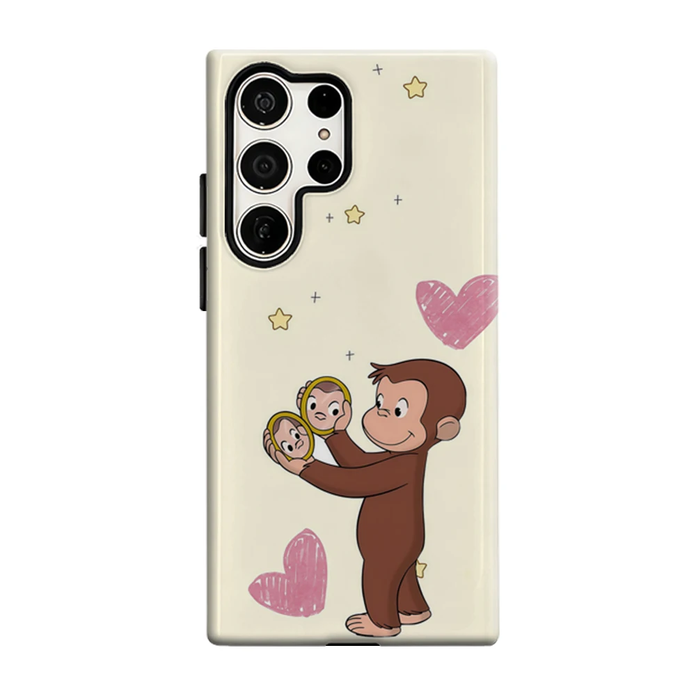 Monkey Mirror Hearts Phone Case For Samsung Galaxy S25 S26 Ultra S24 S23 Plus Shockproof Double Layer Tough Back Cover