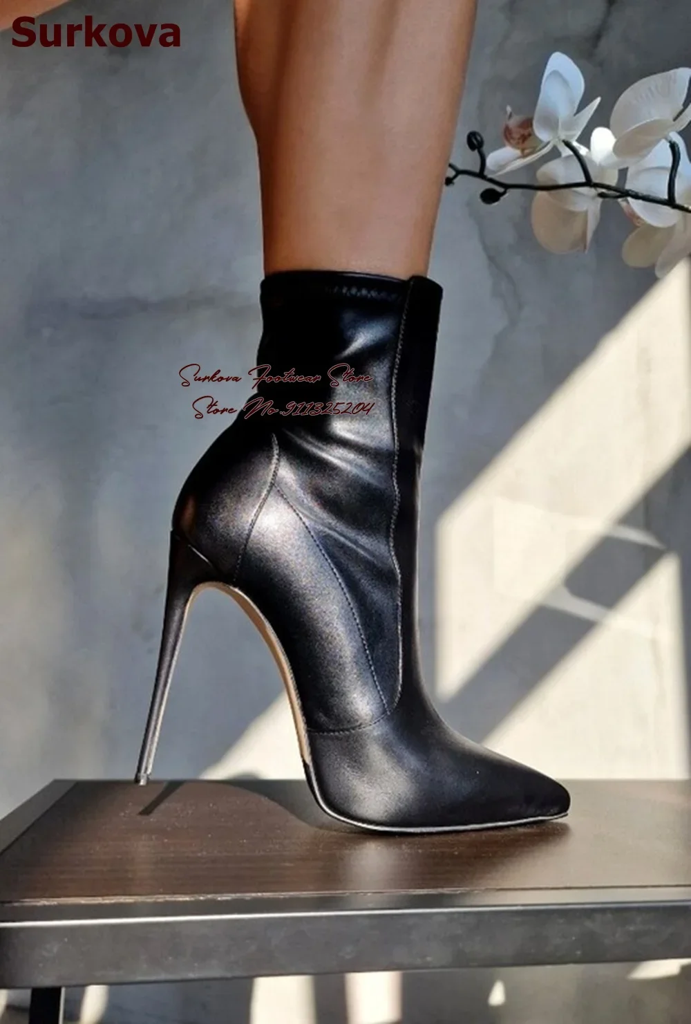 Surkova Black Matte Leather Elastic Ankle Boots Stiletto Heels Pointed Toe Bodycon Short Booties Pointed Toe Zipped Party Shoes