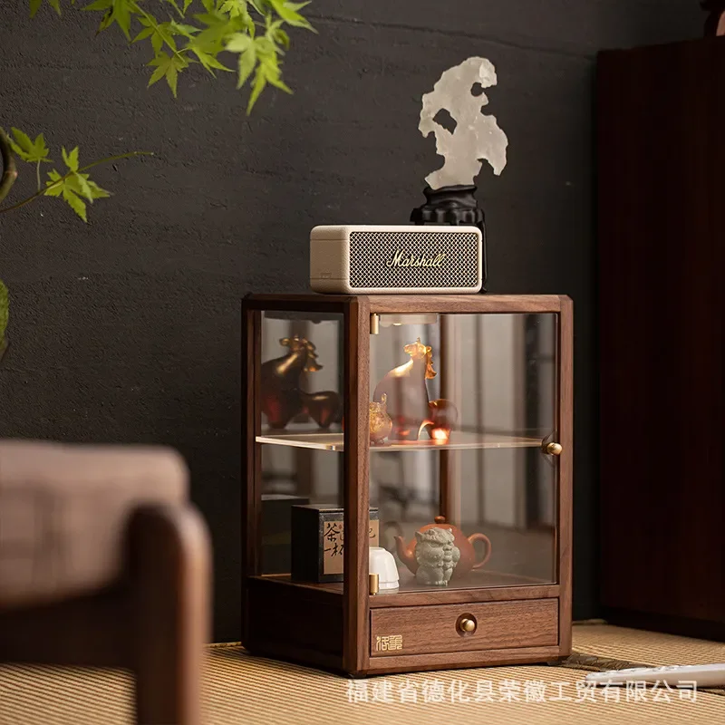 Modern Walnut Wood Glass Display Cabinet Multi Layer Dustproof Showcase for Figures Ornaments Tea Sets Home Decor Storage