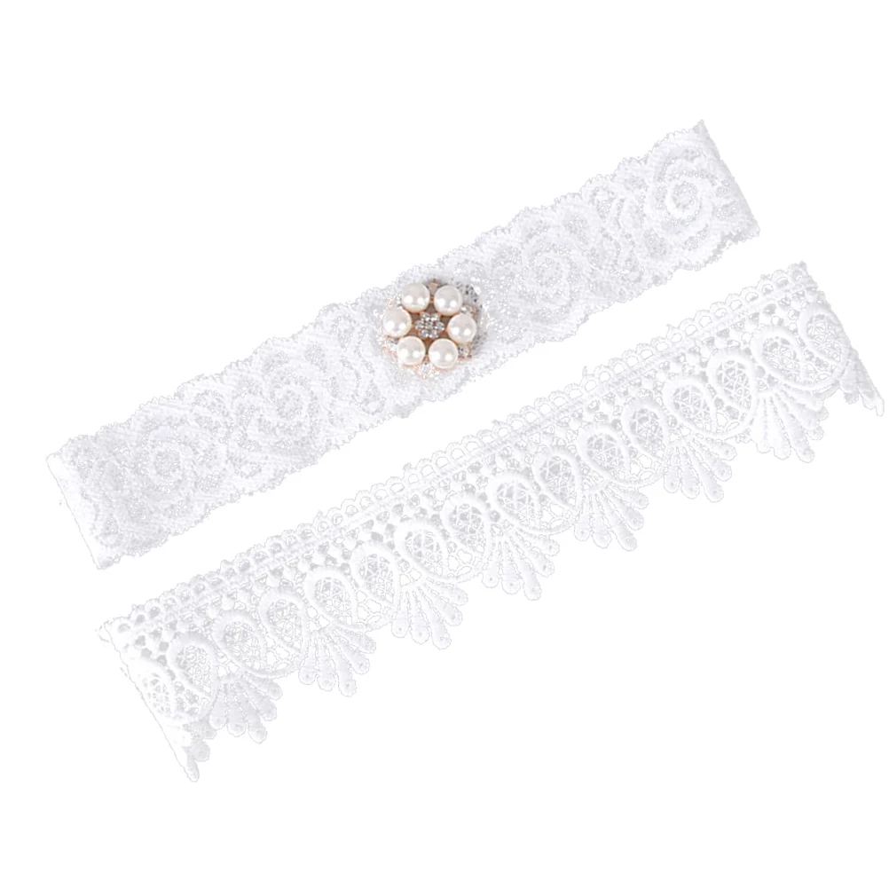 

Elegant Bridal Pearl Rhinestone Decorated Adjustable Elastic Lace 16 23 Inch Leg Ring Wedding Accessory