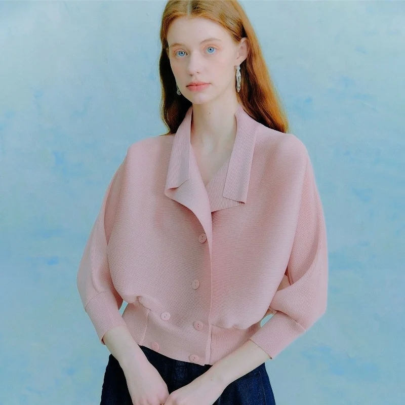 Fold Miyake Pleated Batwing Cardigan Women Open Front Cropped Jacket Lightweight Casual Elegant Office Coat Pink Outerwear