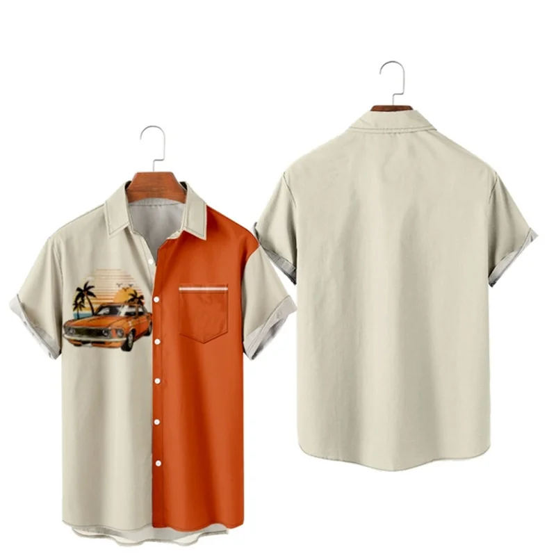 

Men's Social Casual Harajuku Hawaiian Oversize Short Sleeve Shirt Retro Racing Car Pattern Element Clothing