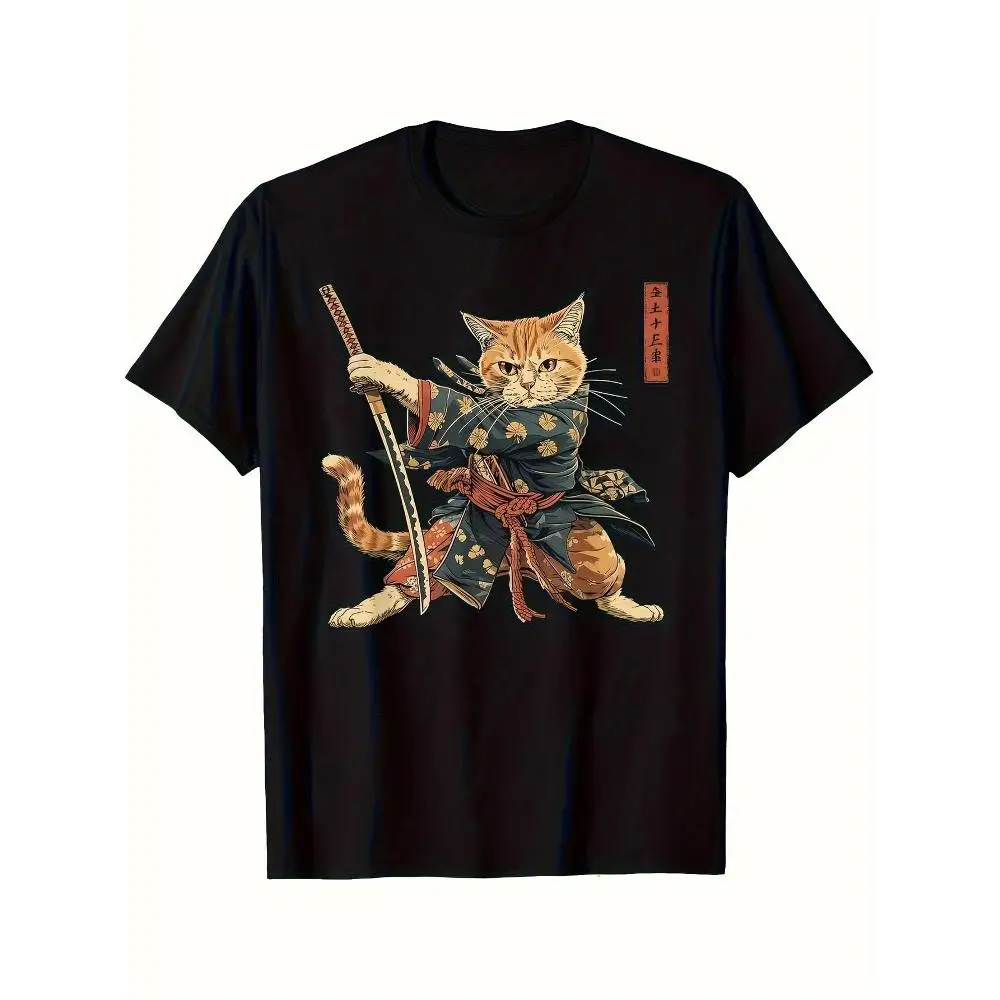 Men Black Samurai Cat Graphic T-Shirt 100 Cotton Short Sleeve Japanese Warrior Cat Design Heat Transfer Print Comfortable Fit