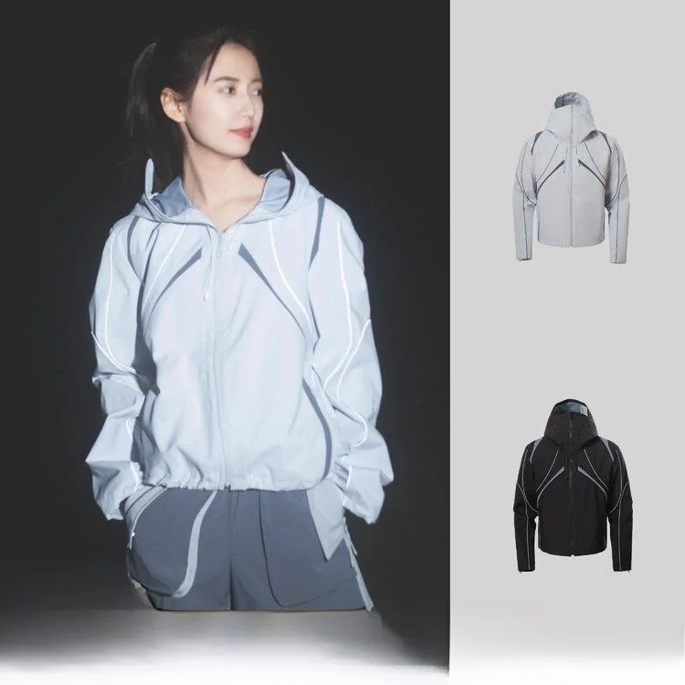 

Женская спортивная куртка с отражающим дизайном, с капюшоном, повседневная, ветрозащитная, из полиэфирного волокна, с длинными рукавами, на молнии