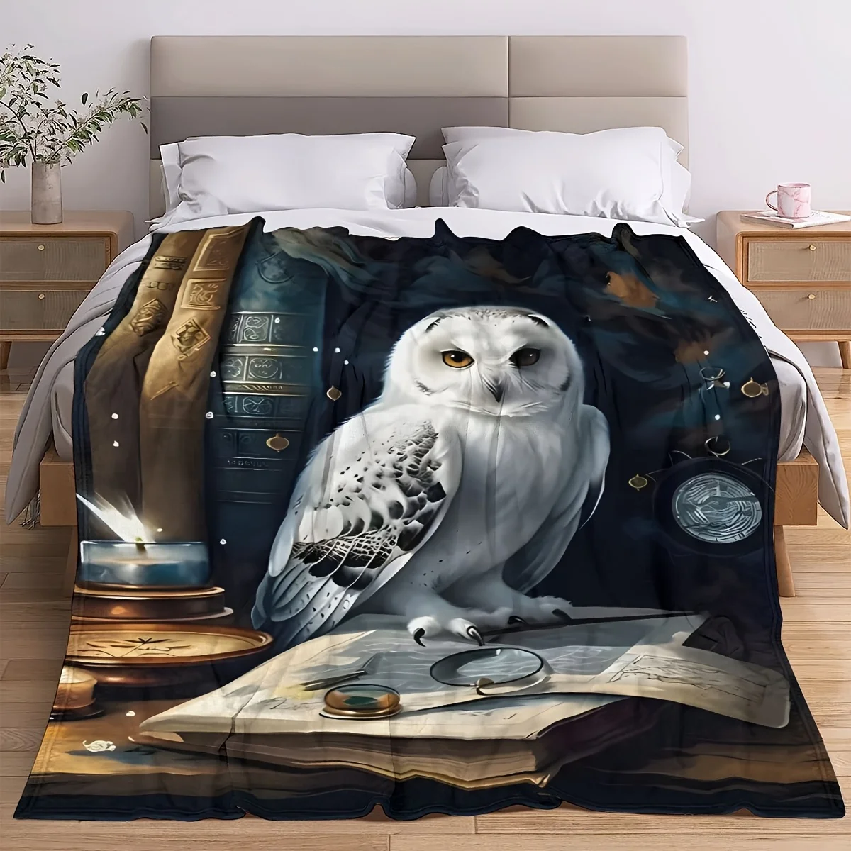 Oversized Plush Owl Print Blanket Throw for Cozy Reading Night Mysterious Bookworm Forest Aesthetic Gift for Boy Girl Home Decor