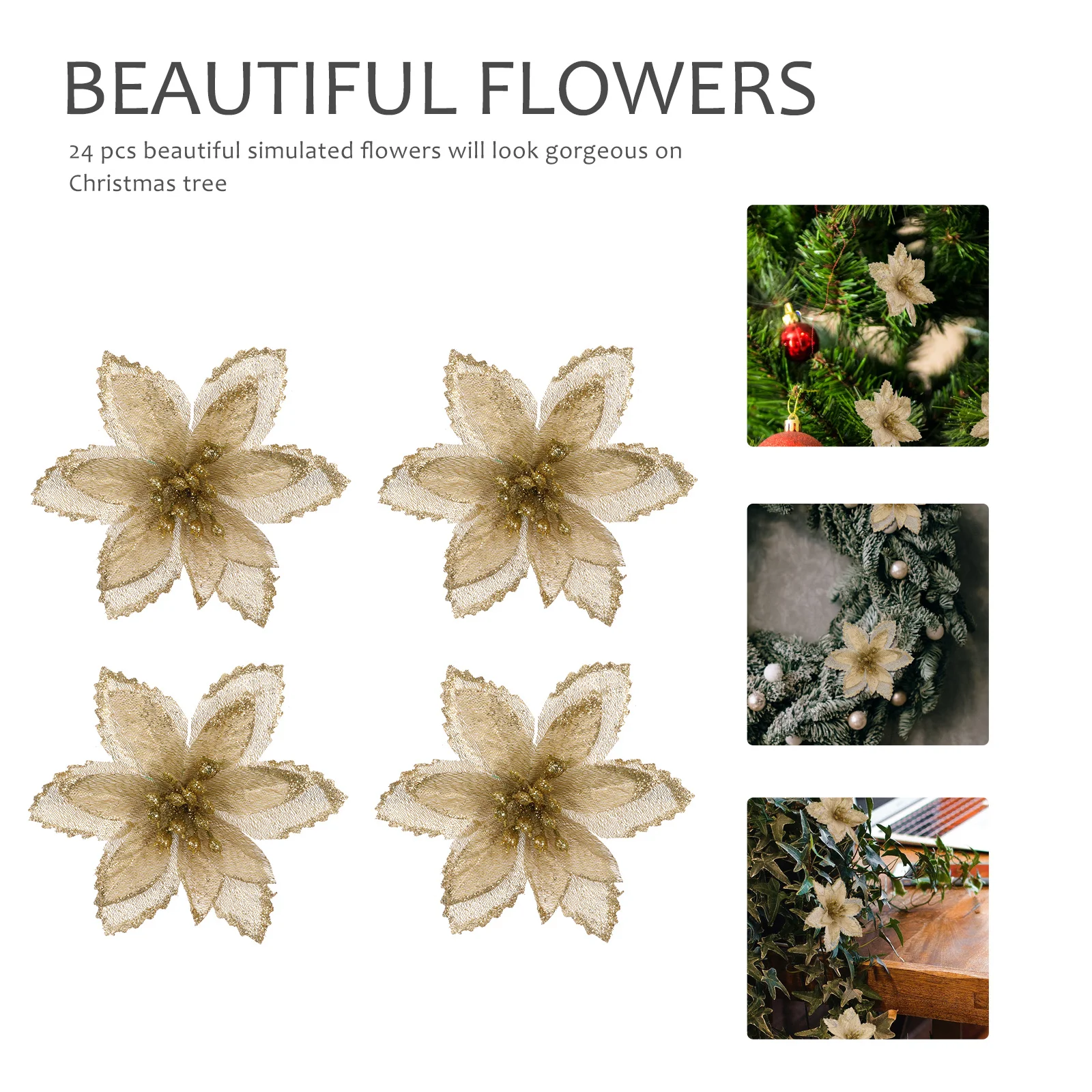 

24Pcs Christmas Flower Props Glitter Crafted Artificial Flowers Beautiful Festive Decors for Wreath Cane Tree Wedding