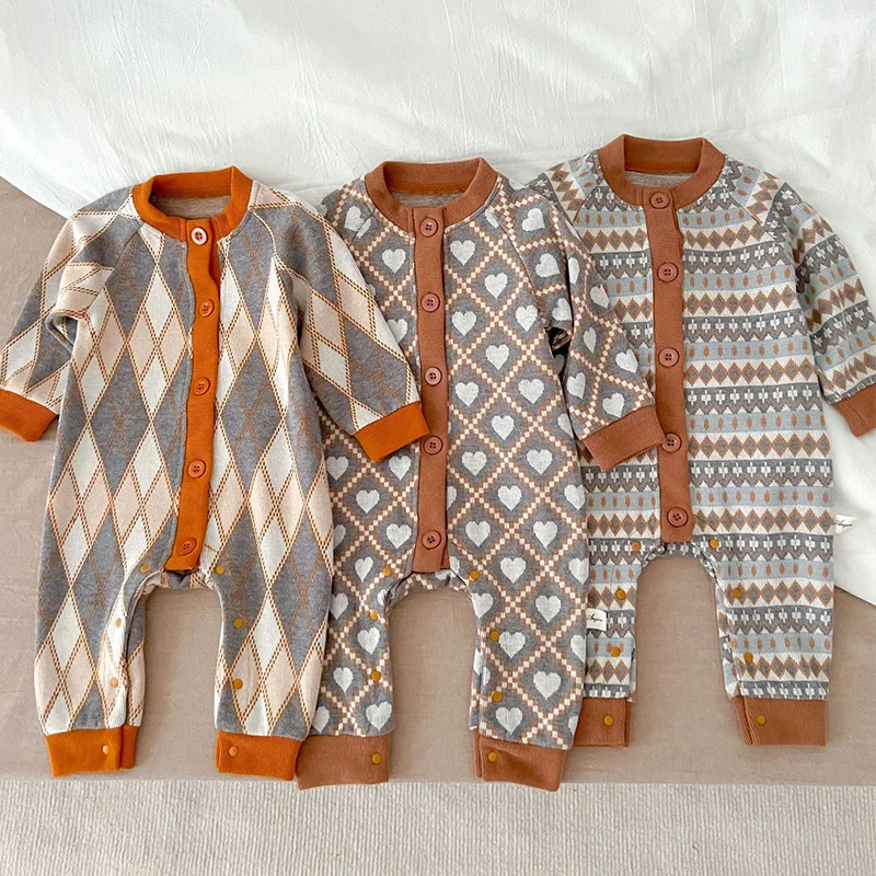 Autumn Baby Jumpsuit Cute Print Knitting Romper for Boys Girls Vintage Sweater One-Pieces Onesie Newborn Clothes Infant Outfit