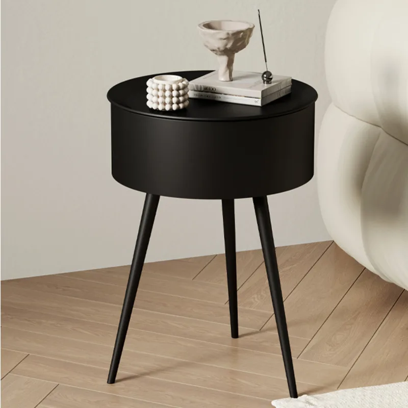 Cream Style Minimalist Mobile Sofa Side Table Small Unit With Dust-proof Storage Cabinet Household Iron Small Round Table