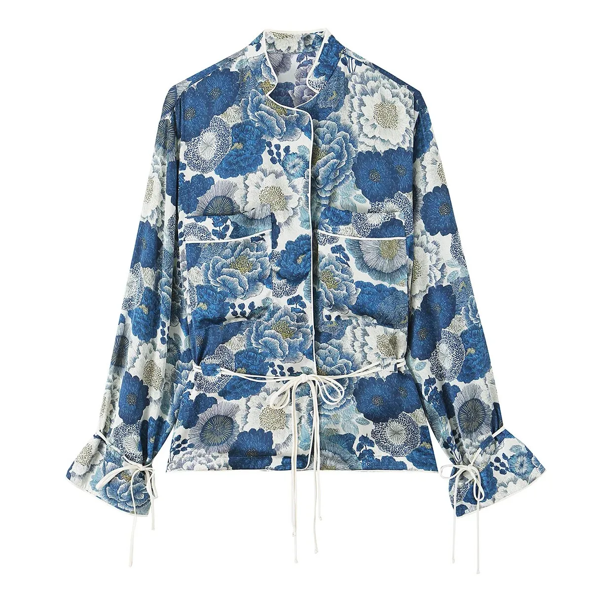European and American style 2026 summer new high-end silk satin texture lace-up flower shirt + silk satin flower pants suit