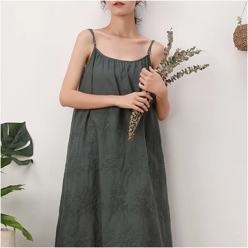 Johnature Sleeveless Spaghetti Strap Embroidery Dresses 2024 Summer New Mori Vintage Solid Color Render Women Dress