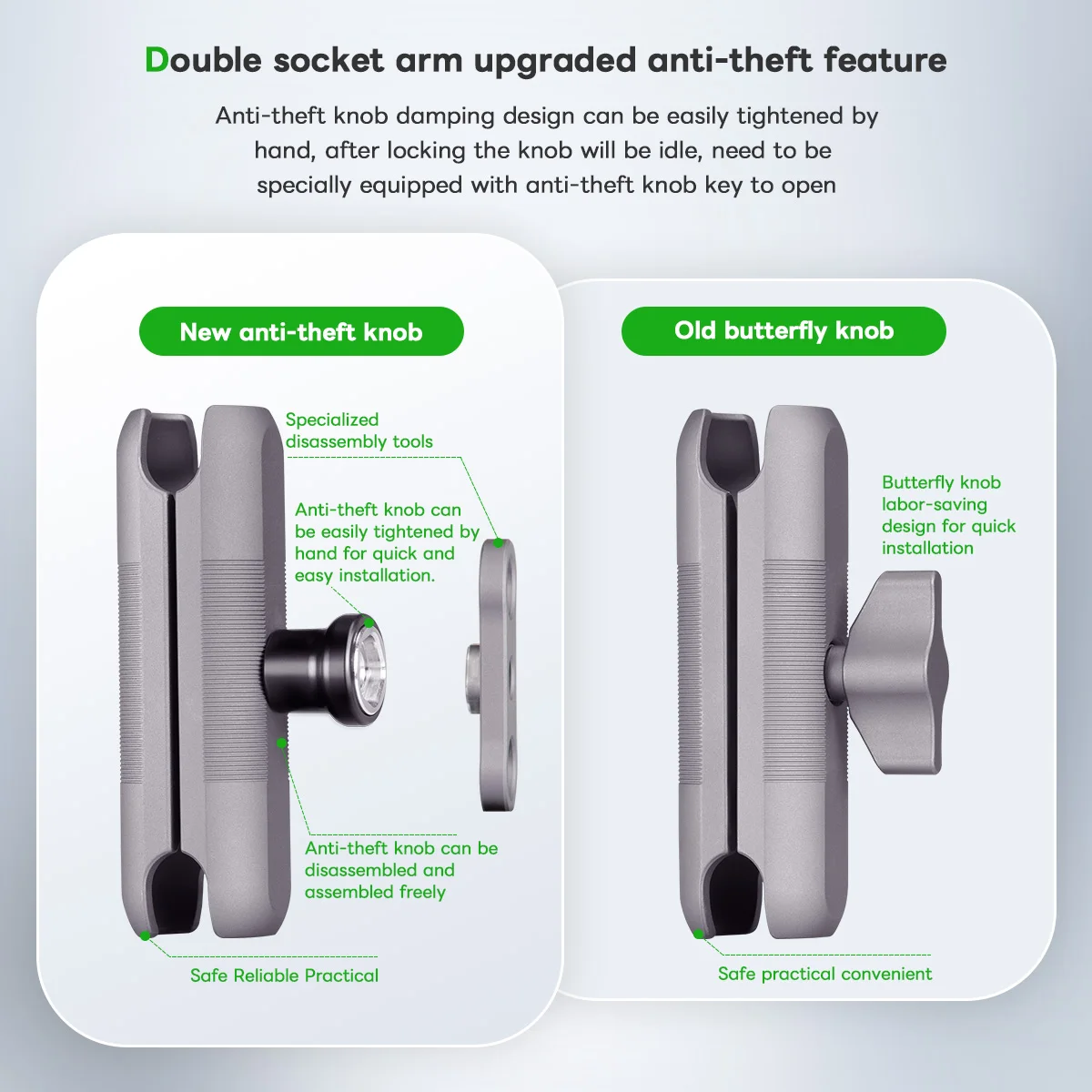 FANAUE Anti-Diebstahl-Doppelsockelarm aus Aluminium für RAM-Halterungen, 25 mm Kugel- und Fahrrad- und Motorrad-Telefonhalterung mit 1 Zoll Kugeladapter – Detail 3