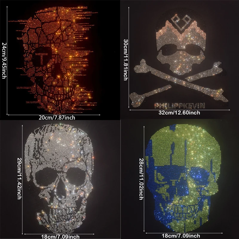 Glitzerndes Hot-Sale-Set mit mehreren Modellen Y2K Totenkopf Strass Hotfix-Transfer, verschiedene Größen für Oberteile, Taschen und gruselige Heimdekoration