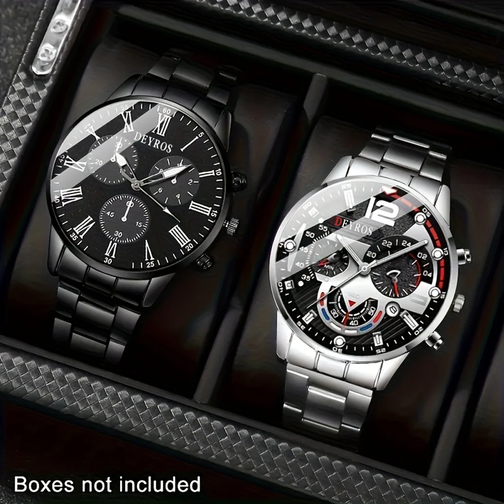 2pcs New Men's Business Casual Round Quartz Watch Set, Ideal for Valentine's Day, New Year's Day, Easter, , Birthdays, Christmas