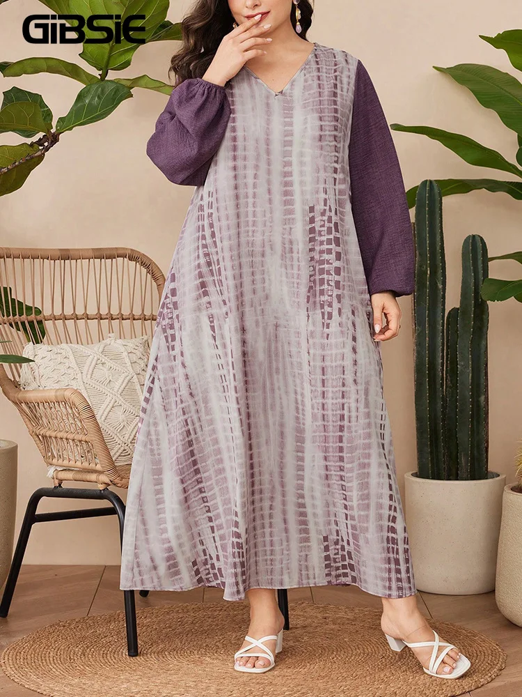 Gibsie plus size férias estilo tie dye abaya vestido feminino 2025 novo outono com decote em v lanterna manga solta maxi vestidos longos femininos
