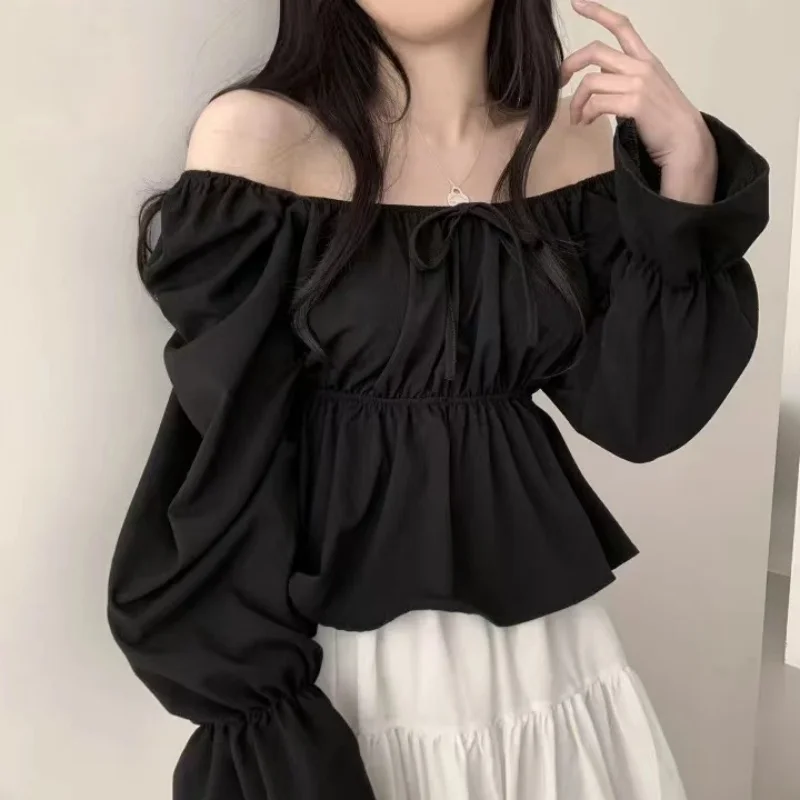 2024 Fashion New Ruffle White Long sleeved Women\'s Blouses Square Neck Sexy Short Shirt Korean Style Flare Sleeve Sweet Tops