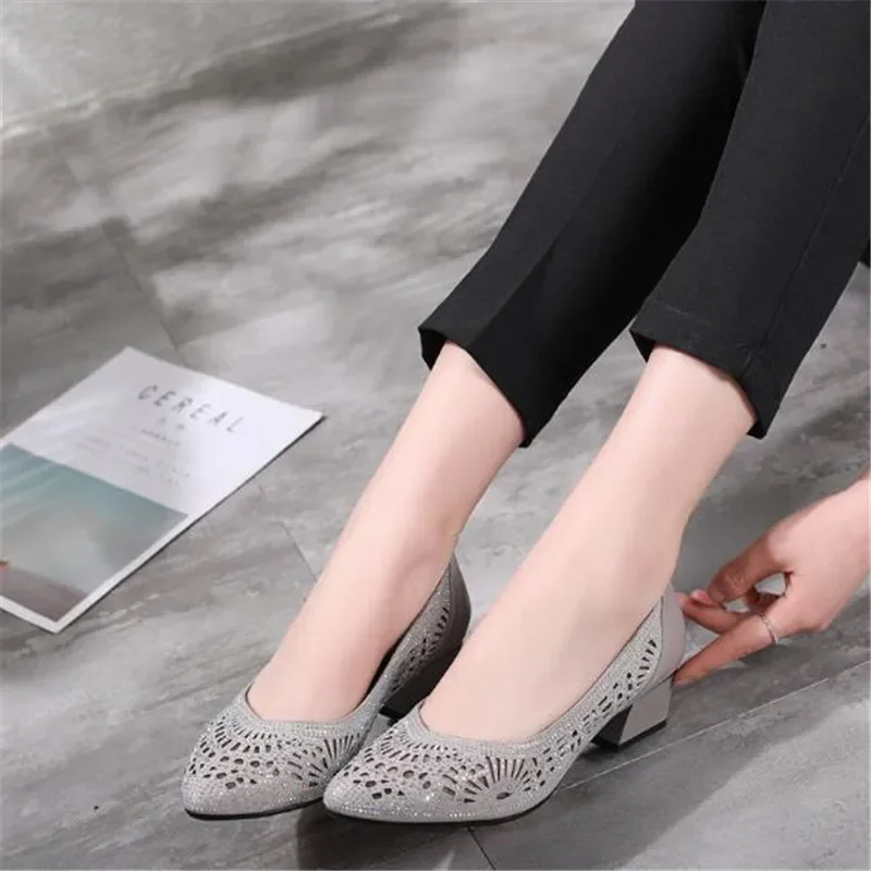 BEYARNE new summer fashion pumps cutouts women casual crystal ladies shoes high heels Tenis Feminino genuine leather