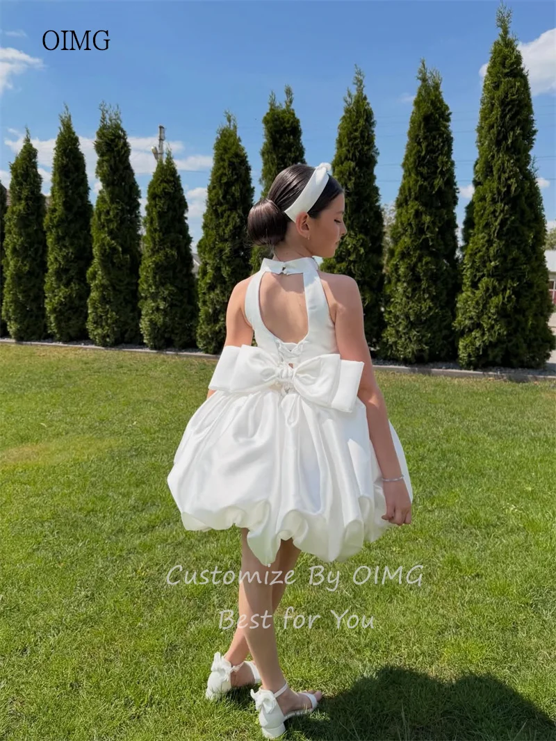 OIMG Classic Ivory Hight Neck Ball Flower Girl Dresses Bow Sleeveless Wedding Party Dress Mini Birthday Dress 2026 Customized