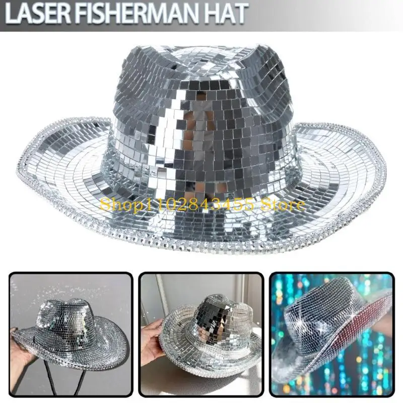 49MC Mirror Glass Cap Fashion Cowboy Hat Glittering DjHat for Adult Unisex Dance Hat Bachelorette Party Disco Ball Club Hat