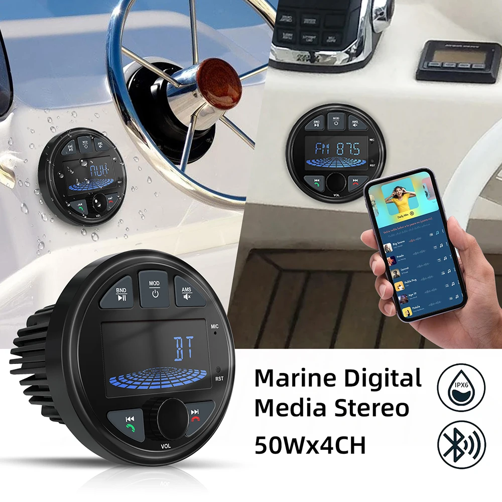 Boat Radio Media Player Marine Stereo MP3 Waterproof Bluetooth Audio Radio FM AM Receiver Fit for Harvesters ATV UTV SPA RZR
