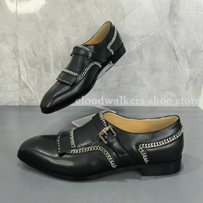 

Luxury Handmade Metal Chain Buckle Decor Black Square Toe Loafers Fashion Slip On Party Banquet Leather Shoes Office Dress Shoes