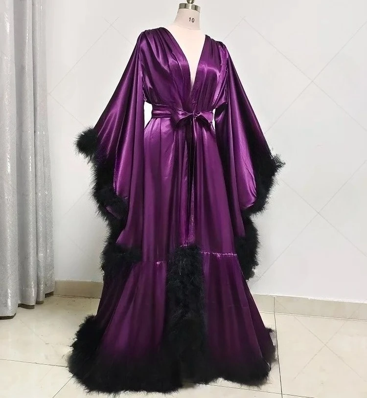 Customized Bathrobe for Women Flare Sleeves Feather Bridal Robe Nightgown Silk Long Wedding Scarf Dress Gown Photography Dress