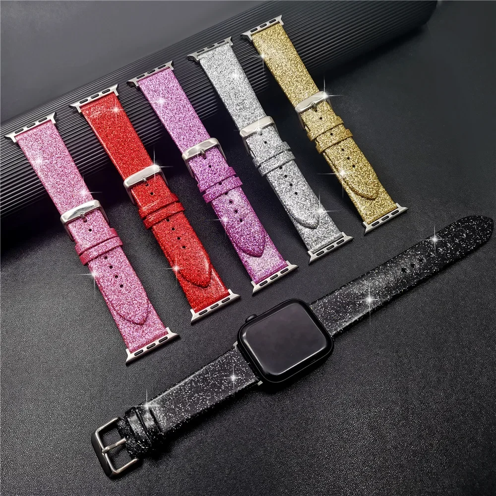 Glitter leather strap For Apple Watch Band 45mm 44mm ultra 2 49mm 40mm 41mm 42mm 38mm loop bracelet for Series 9 8 7 6 5 4 3 SE