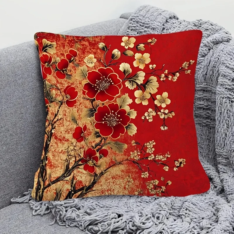 Doppelseitig Bedruckter Rot-Goldener Pflaumenblüten-Kissenbezug Vintage Chinesischer Blumendruck Weicher Zierkissenbezug für Heimdekoration Geschenk
