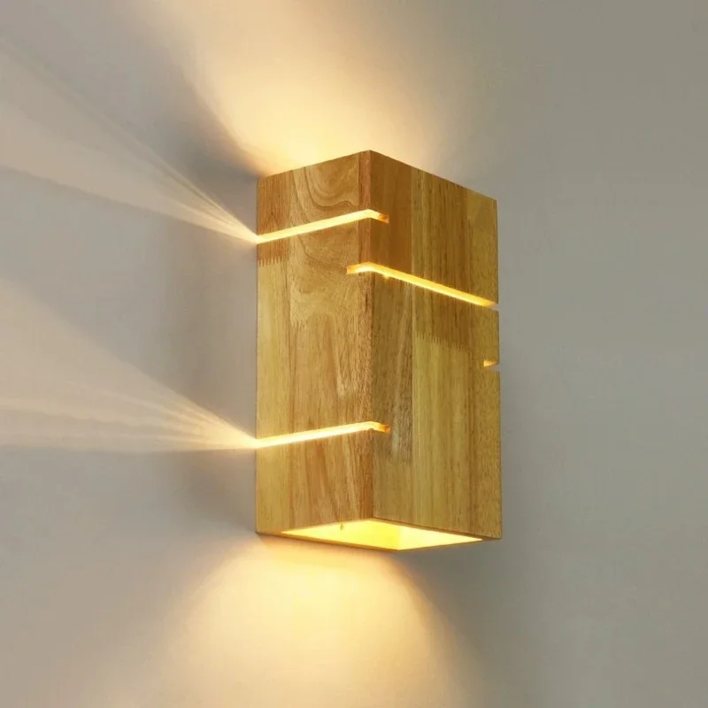 Nordic Square Wooden Wall Lamp Environmentally Natural Wood LED Bedside Bedroom Sconces Aisle Background Atmosphere Light
