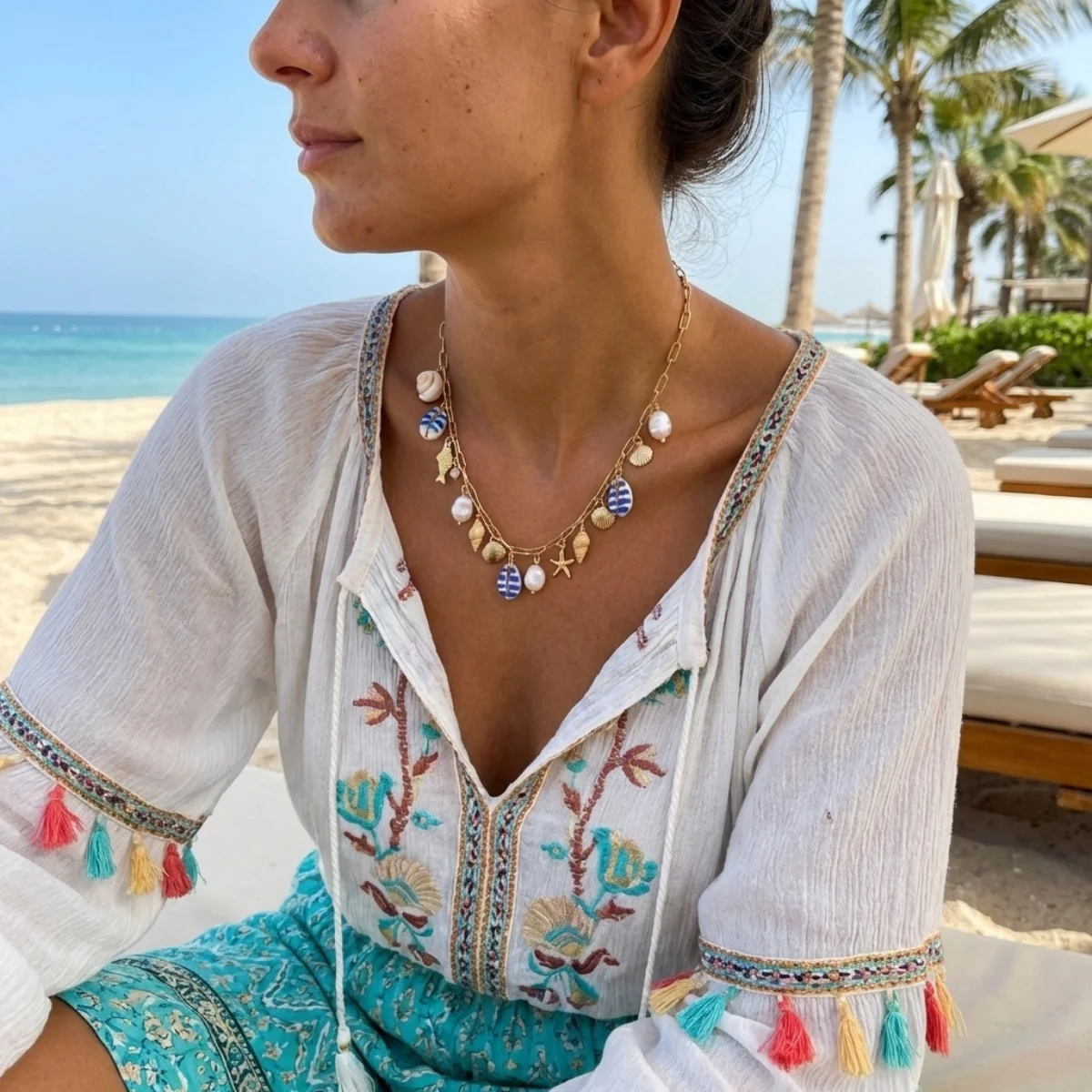 Sommerurlaub Muschel Seestern Conch Fisch Schildkröte Korallen Anhänger Halskette für Damen Herren Imitationsperlen Choker Ozean Strand Schmuck – Detail 9