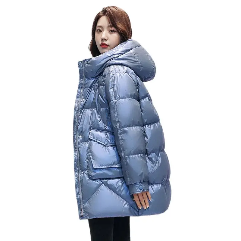 

New Winter Medium Long Loose Jacket Coats Fashion Women Parkas Hooded Glossy Down Cotton Outcoat Warm Casual Parka Coat Female