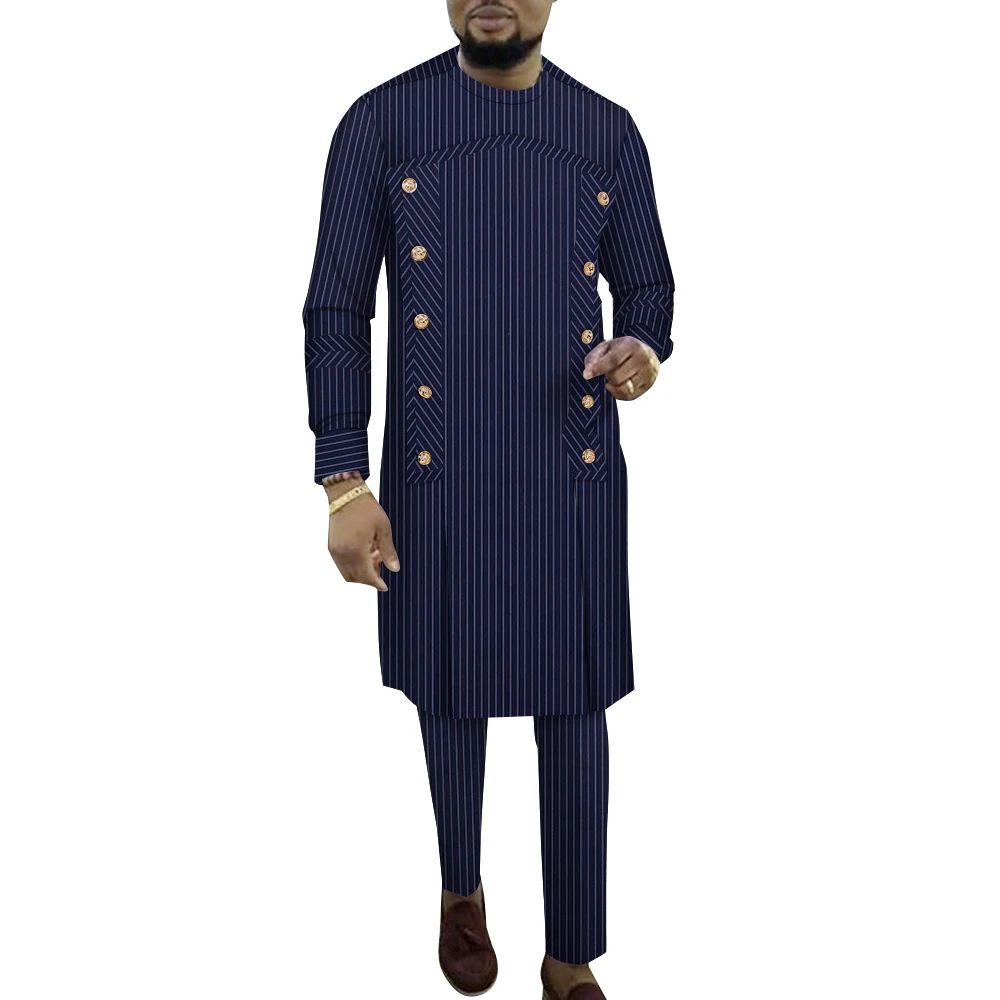 African Men's Long Sleeved Suit Two-piece Striped Fabric Business Casual Men's Top and Pants Traditional Clothing WYNT1660