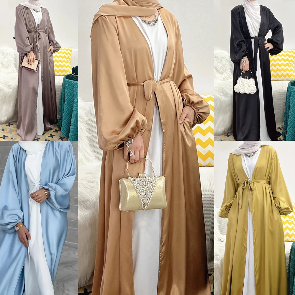 

Ramadan Eid Mubarak Open Abaya Satin Kimono Cardigan Muslim Dress Women Hijab Robe Dubai Saudi Turkish Islam Modest Caftan Gown