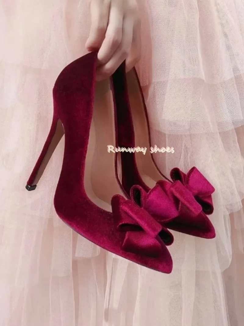 

Claret Velvet Fabric Bow Decoration Shallow Women's Stiletto Heels Spring And Autumn Style Luxury Women's Banquet Shoes Heels