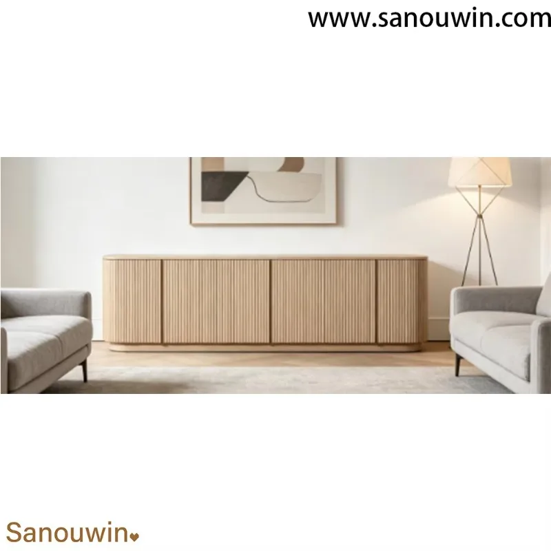 Solid Oak Fluted Handcrafted Vertical Reeded Sideboard Cabinet Soft-Close Hinges Modern Storage for Dining Room-Durable