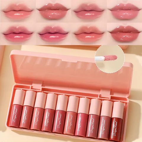 Set of 10 Shimmering Lip Glosses, Easy-To-Apply Lip Glaze, Non-Stick, Non-Fading, Moisturizing, Shiny Lip Gloss, Glass Lip Gloss with Fine Shimmer and Pearlescent Effect