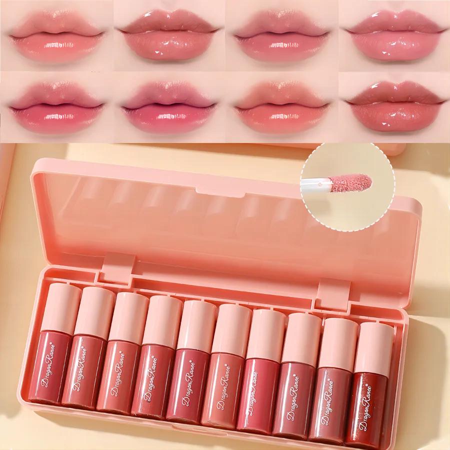 Conjunto de 10 peças com brilho labial de brilho fino, brilho labial não desbotado, brilho labial hidratante, brilho labial de vidro, brilho labial de brilho perolado, conjunto de esmalte labial
