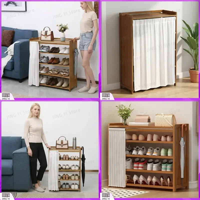 

Bamboo Shoe Cabinet with Curtain Free Standing Shoe Storage Organizer for Heels Boots Slippers Hallway Living Room Entryway