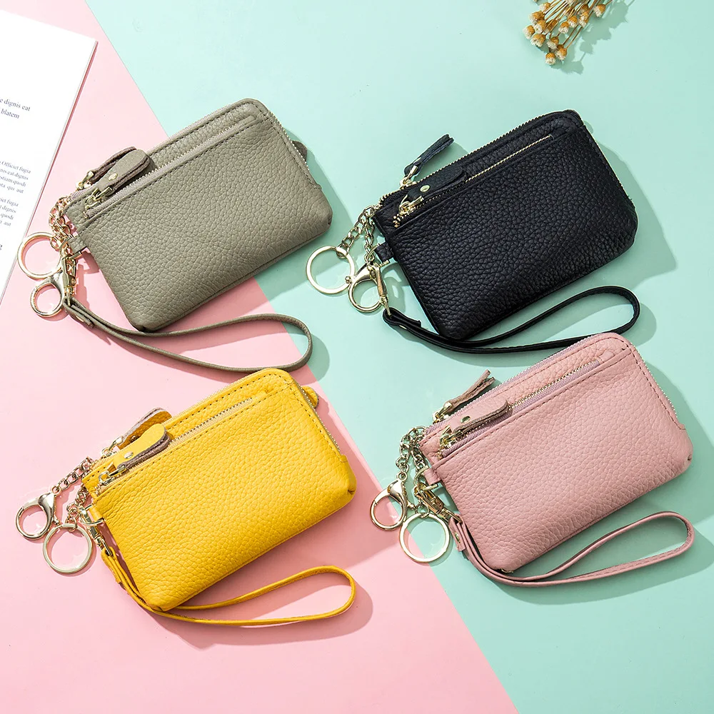 Western Genuine Leather Litchi Grain Double Zipper Mini Men Wallet Double Keychain Tiered Storage Coin Purse for Ladies