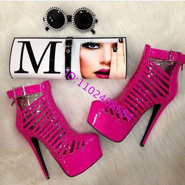Sexy Lady High Heel Fuchsia Patent Leather Platform Buckle Pumps Women Bright Rose Pink Closed Toe High Platform Pumps