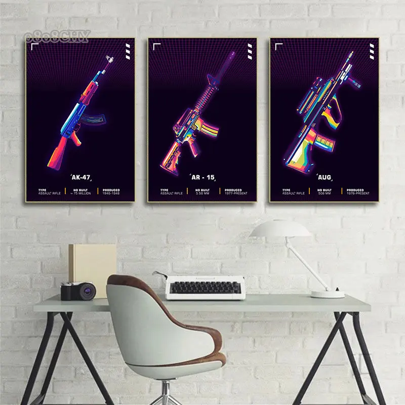 Gun Pop Art Canvas Posters AK 47 AR 15 AUG CSGO AWP KAR 98k Pictures Prints Canvas Wall Art Painting for Home Room Decor Gifts