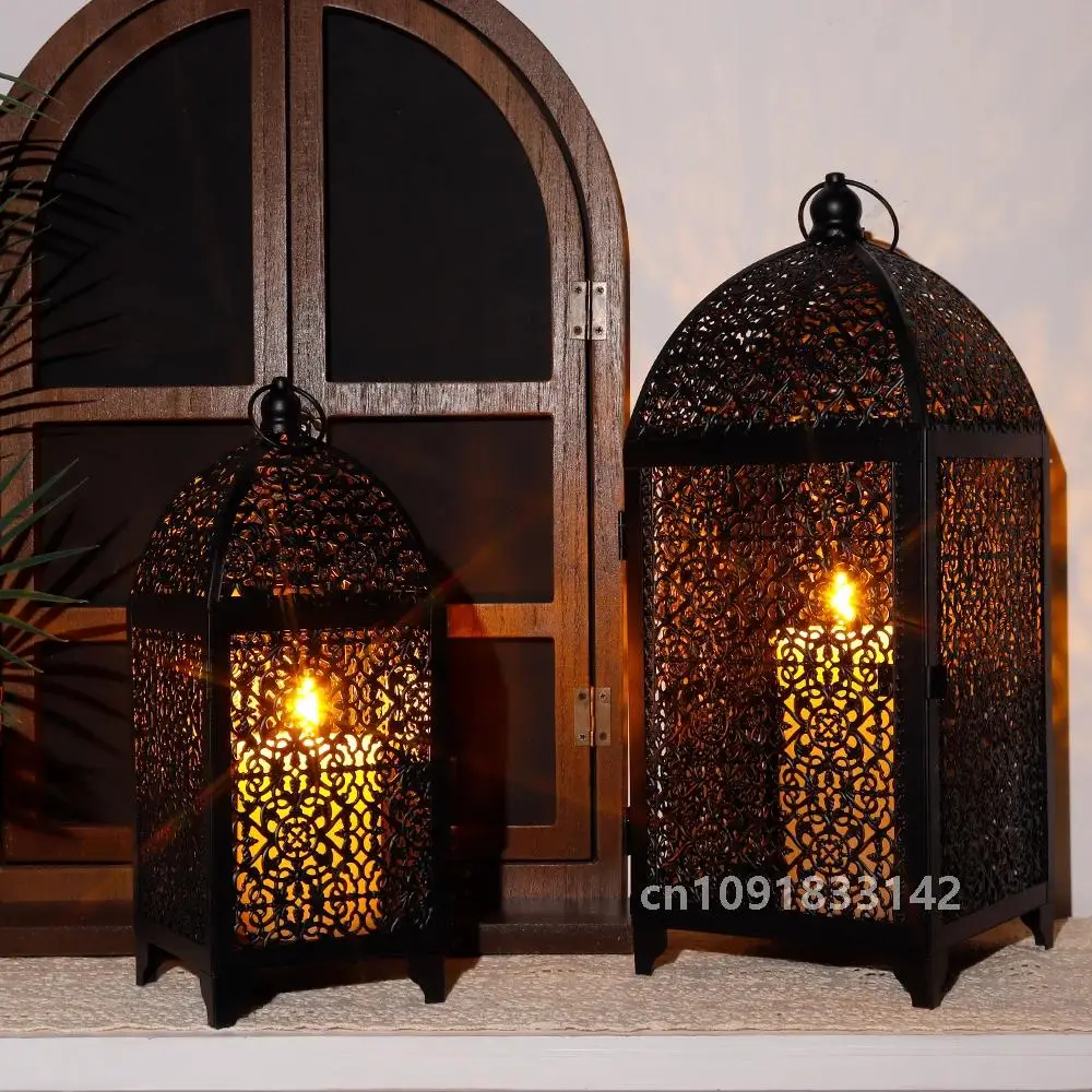 2Pcs Metal Candle Holder Black Candle Lantern Decorative Hanging Lantern with Hollow Pattern for Party Garden Indoors Outdoors