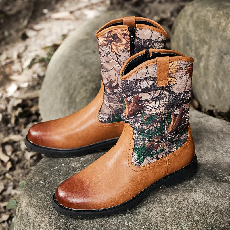 Botas de vaquero del oeste de mezclilla de lujo para primavera y otoño para hombre, botas de tubo alto, botas de caballero al aire libre, zapatos de cuero de retales Retro para hombre