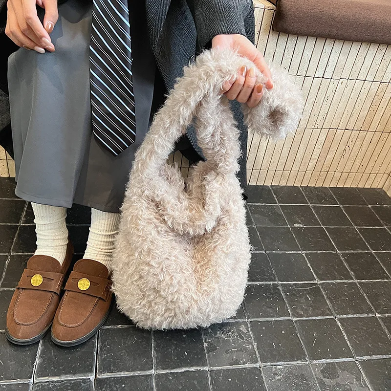 Lambskin Bag Women Soft Plush Large Capacity Shoulder Bag Commuting Casual Fluffy Lightweight Warm Cloth Fabric Crossbody Bag