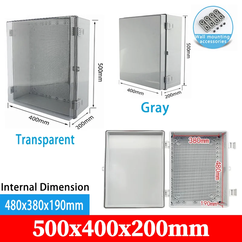 IP66 Outdoor Waterproof Electronic Box Grey/Transparent Cover Distribution Case ABS Junction Box 500x400x200mm