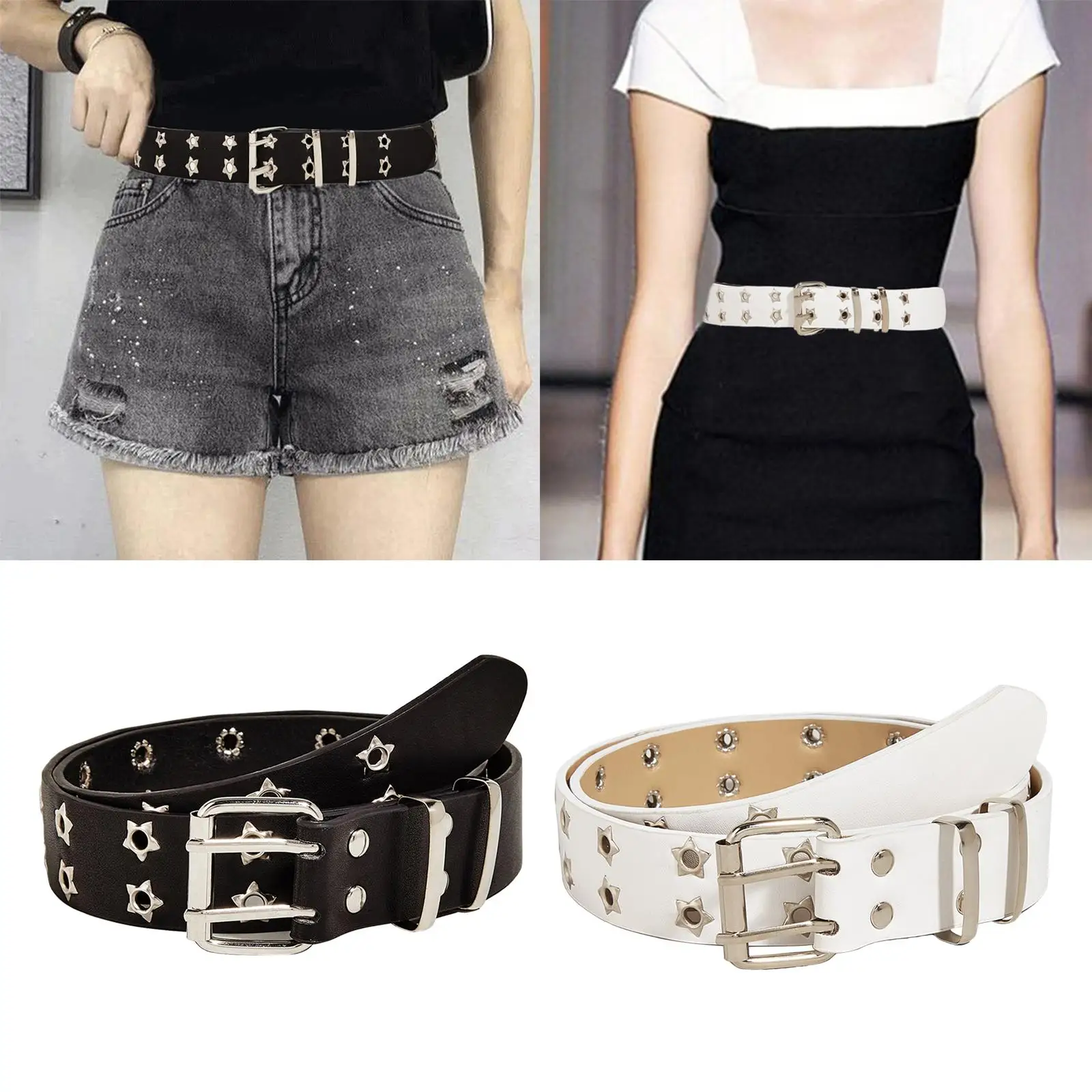 Fashion Women Leather Belt Double Grommet Belt Metal Buckle Gothic Punk Belt