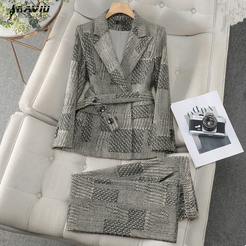 NAVIU Setelan Wanita Elegan Motif Kotak-kotak Abu-abu untuk Musim Dingin, Blazer Lengan Panjang Tebal Profesional Berkualitas Tinggi dan Celana untuk Pakaian Kerja Kantor