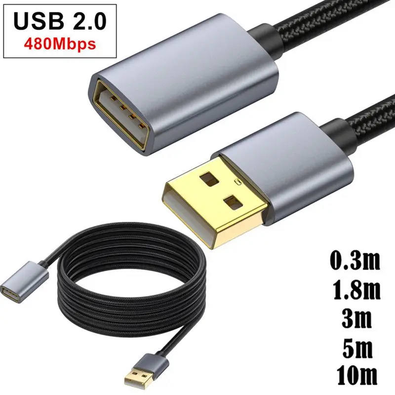 0.3-10m High Speed USB 2.0 Version With Gold-Plated Metal Shell and Cotton Mesh USB A-Type Male to Female Extended Data Charging
