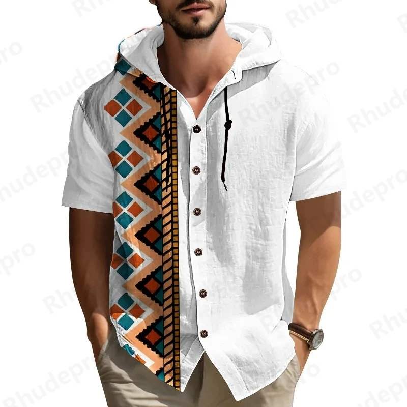 

National Style 2025 Men Summer Hooded Shirt Casual Button Down Short Sleeve Hoodies Streetwear Hawaiian Shirt Men Blusas