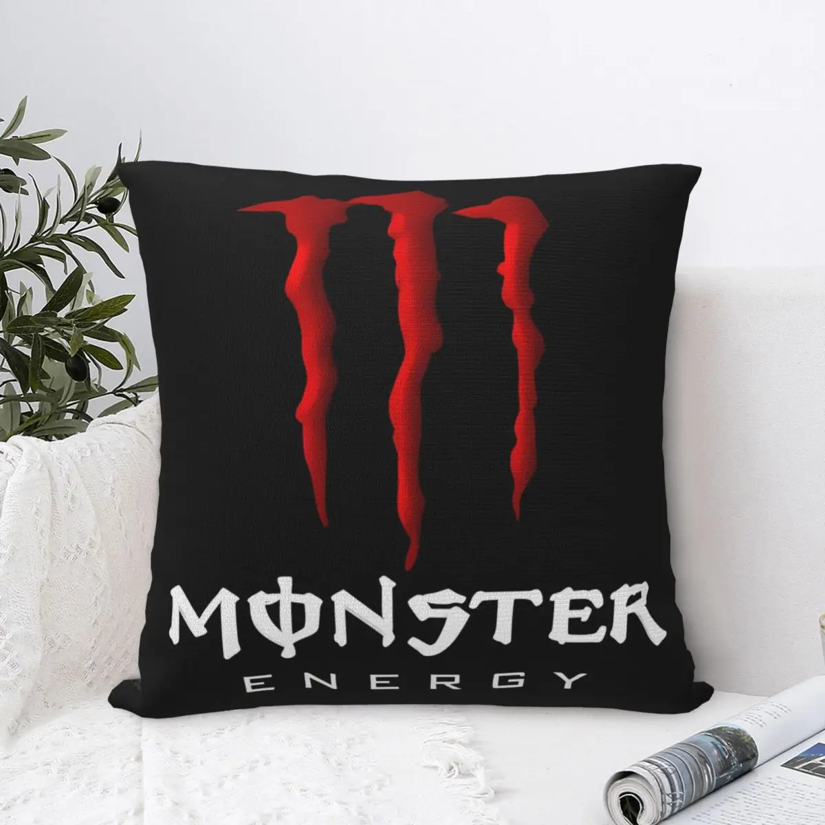 M-Monster Drink E-Energy Fundas de almohada cuadradas Fundas de cojín monstruo Novedad Funda de almohada decorativa con cremallera para asiento 18 "x 18"